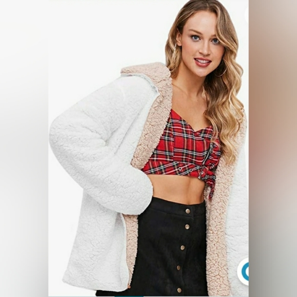 Zaful - Open Front Lambs Wool Reversible Hooded  Cardigan-Medium